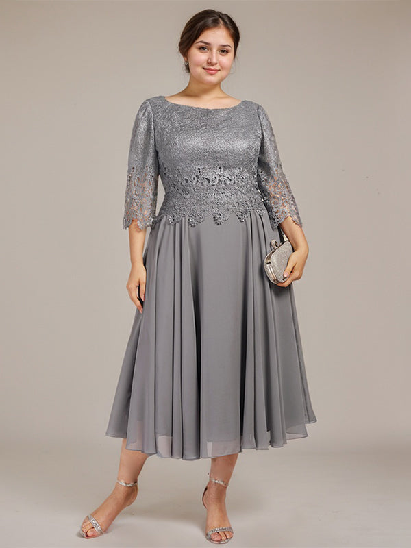 Robe de mère de la mariée en dentelle et mousseline, longueur thé, coupe en A avec encolure dégagée