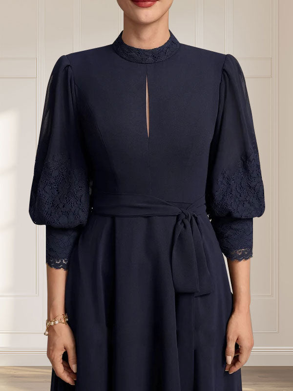 Abito da madre della sposa in chiffon di pizzo, linea a trapezio, collo alto, lunghezza al tè, con fiocco