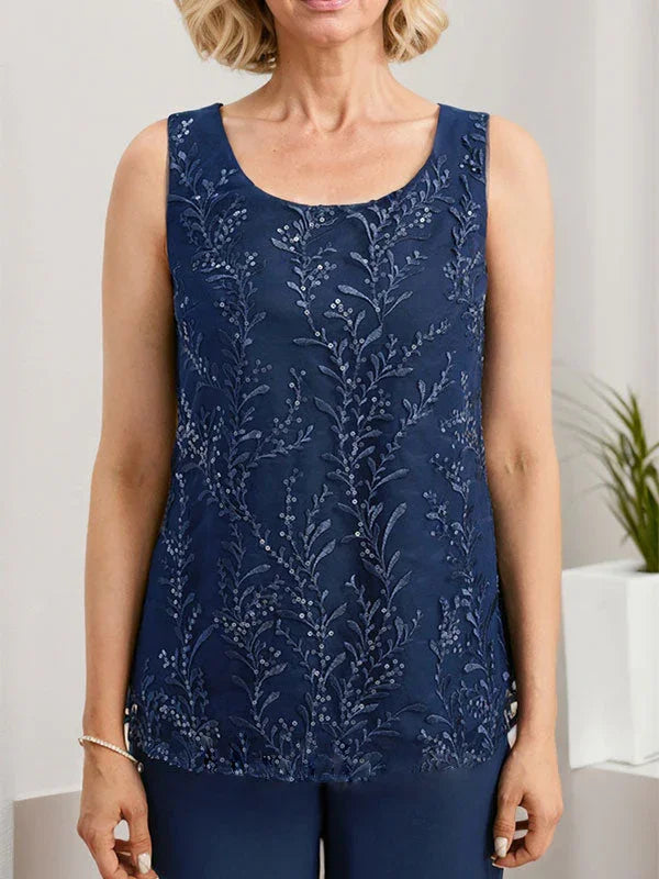 Mono/Pantalón Separado con Escote Redondo, Largo hasta el Suelo, de Encaje y Gasa, Vestido de Madre de la Novia con Lentejuelas