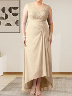 Champagne A-Line Scoop Lace Chiffon Dress