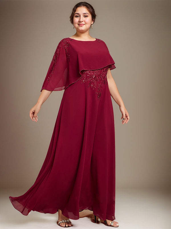 Robe de mère de la mariée en mousseline et dentelle, longueur au sol, en forme de A, décolleté arrondi, ornée de perles et de paillettes