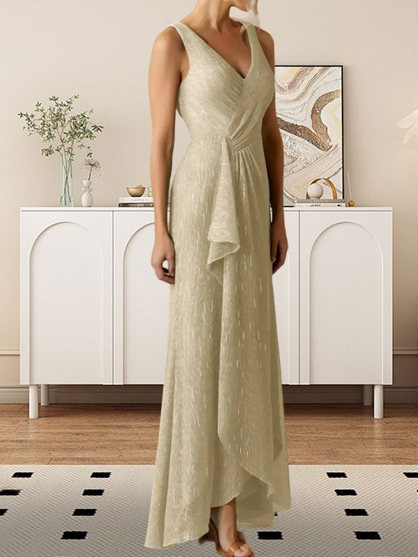 A-Linien-Kleid mit V-Ausschnitt und gerüschtem Metallic-Netzstoff