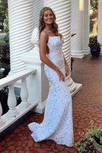 Abito da sera bianco con paillettes, spalline sottili scintillanti, modello sirena, Y8071