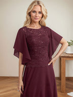 A-Linie, U-Ausschnitt, Illusion, bodenlanges Spitzen-Chiffon-Kleid für die Brautmutter mit Pailletten 