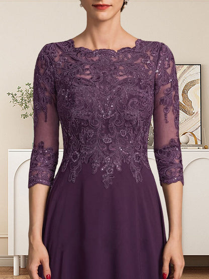 A-Linie U-Ausschnitt Bodenlang Spitzen-Chiffon-Kleid für die Brautmutter mit Pailletten