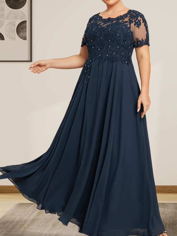 A-Linie U-Ausschnitt Illusion Bodenlang Chiffon Spitze Mutter der Braut Kleid mit Pailletten Perlen