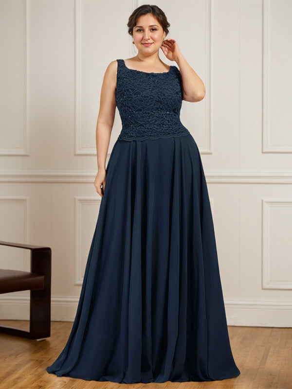 Robe de mère de la mariée en dentelle et mousseline, coupe trapèze, longueur au sol, carrée, ornée de paillettes