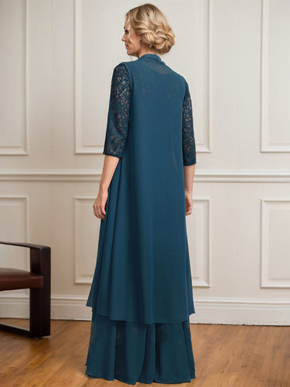 A-Linie U-Ausschnitt Illusion Bodenlang Spitze Chiffon Mutter der Braut Kleid Mit Plissee 