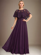 Abito da madre della sposa in chiffon di pizzo con scollo a barca, linea a trapezio, lunghezza fino al pavimento, con applicazioni di paillettes