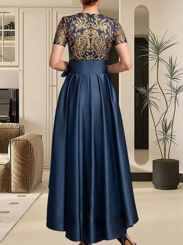 Robe de mère de la mariée en satin à paillettes et dentelle, ligne A, décolleté arrondi asymétrique avec nœud