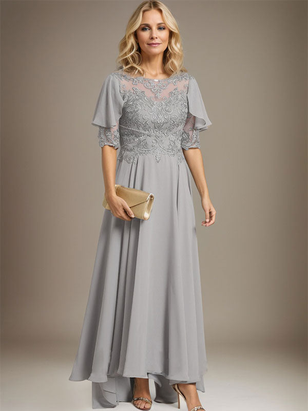 Robe de mère de la mariée en mousseline et dentelle asymétrique à encolure dégagée en ligne A avec perles