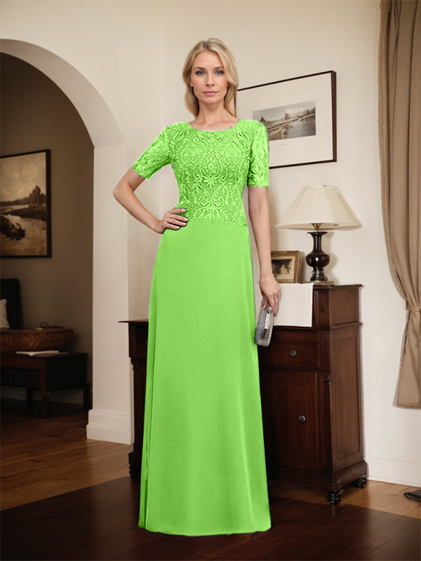 Robe de mère de la mariée en dentelle et mousseline, longueur au sol, en ligne A, décolleté en U, ornée de paillettes