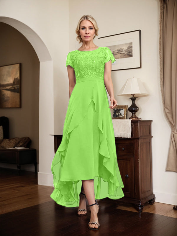 Robe de mère de la mariée en mousseline et dentelle asymétrique illusion à encolure dégagée, coupe en A, avec nœud, volants et paillettes