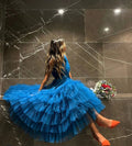 Abito da sera senza maniche in tulle blu a linea ad A Y3097