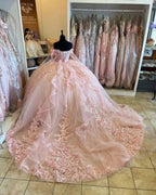 Abiti rosa per Quinceañera con spalle scoperte, fiori, applicazioni in pizzo, perline, gonfi, da festa, principessa, abito da ballo per dolce sedicesimo Y2936