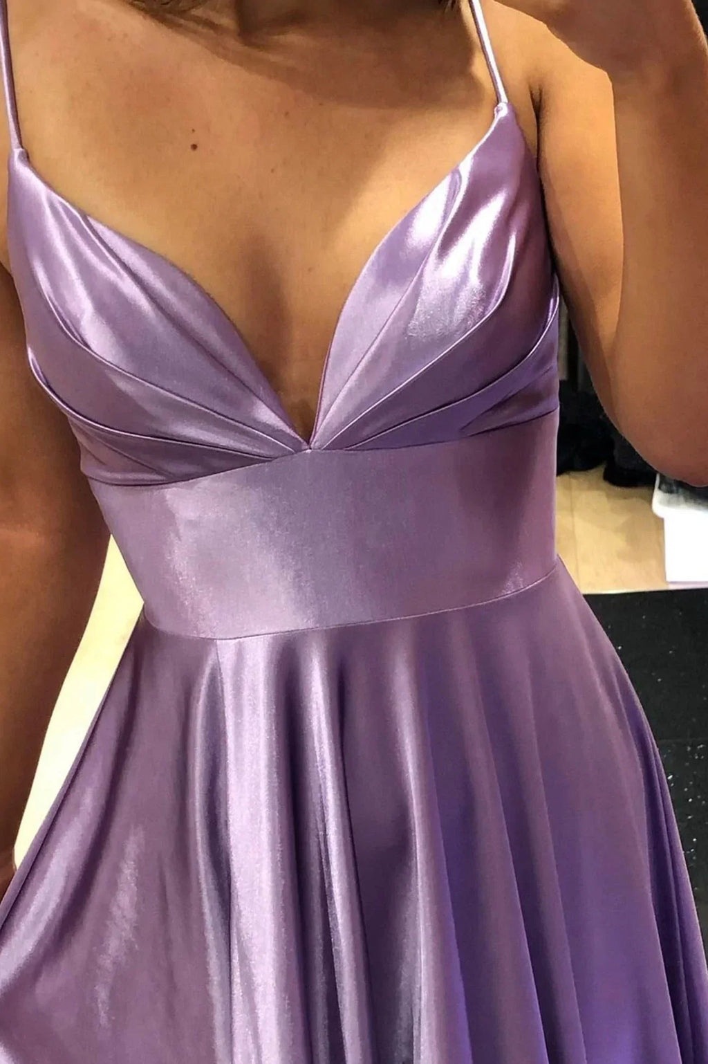 Vestido longo de cetim roxo com decote em V para baile, simples, corte em A, vestido de noite Y927