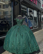 Dark Green Princess Ball Gown Quinceanera Dresses Sweet 15 Party 3D Flowers Lace Applique Birthday Gown Y4254