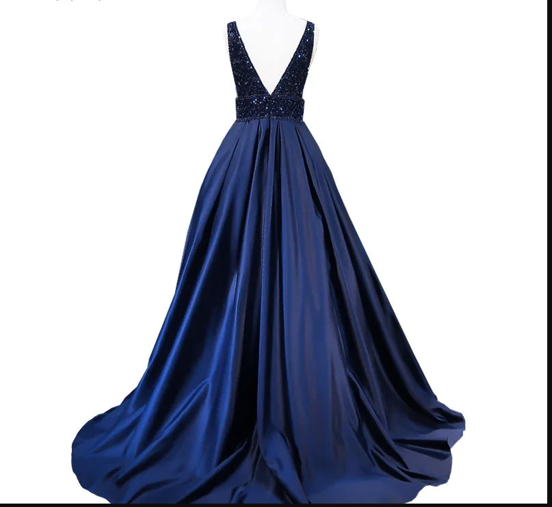 Abito lungo da sera donna blu navy con scollo a V, senza maniche, schiena scoperta, decorato con perline, abito formale da sera Y1193