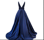 Abito lungo da sera donna blu navy con scollo a V, senza maniche, schiena scoperta, decorato con perline, abito formale da sera Y1193