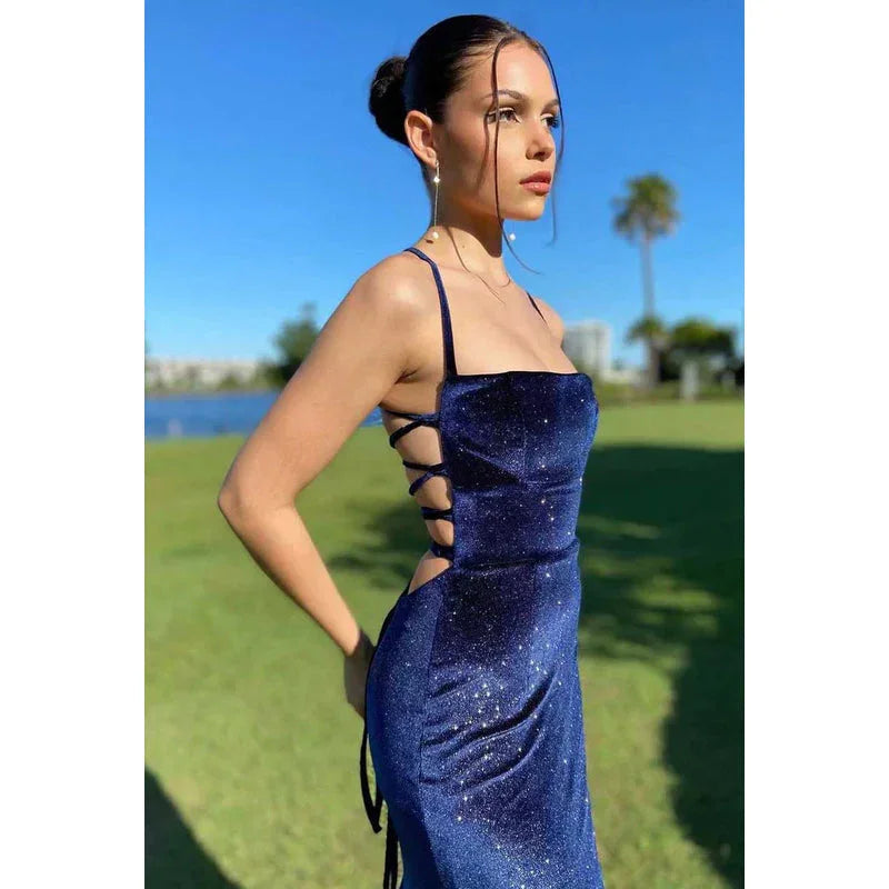 Abito da sera lungo a sirena in velluto blu navy con spalline sottili vintage Y7829