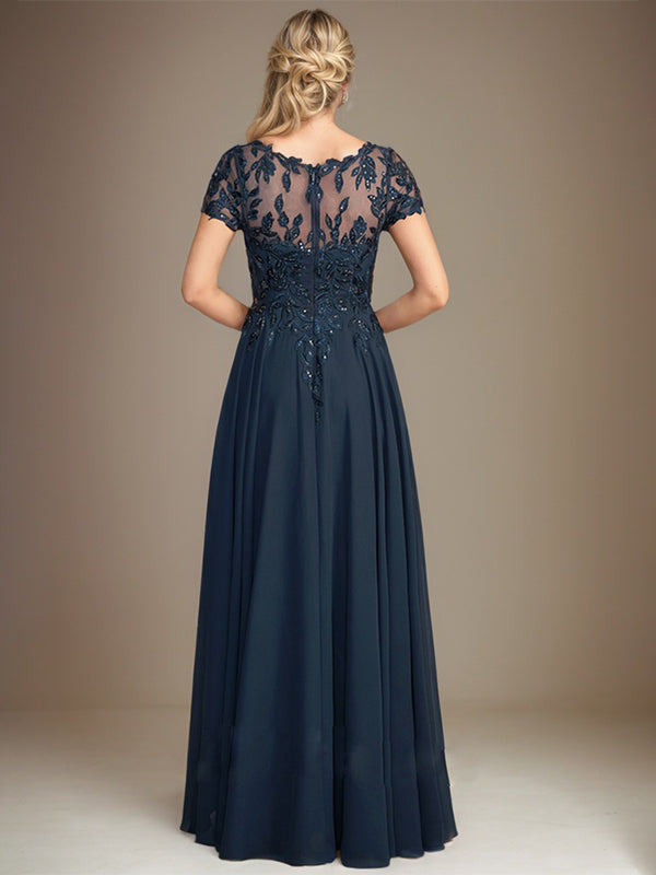 Robe de mère de la mariée en mousseline, longueur au sol, coupe en A, décolleté arrondi, ornée d'appliques et de paillettes
