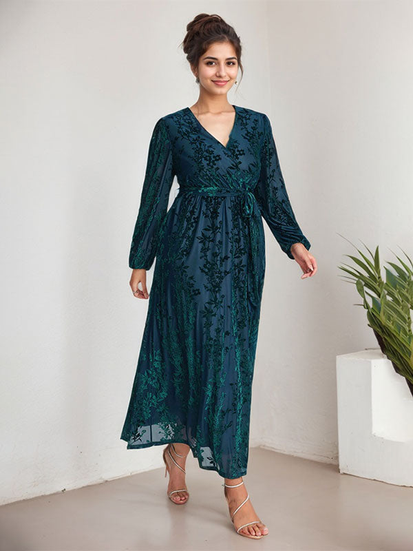 Robe mère de la mariée en velours, longueur thé, manches longues, en ligne A, col en V, avec fente