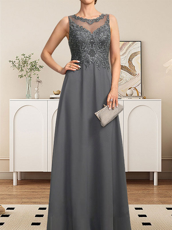 A-Linie, U-Ausschnitt, Illusion, bodenlanges Spitzen-Chiffon-Kleid für die Brautmutter mit Pailletten