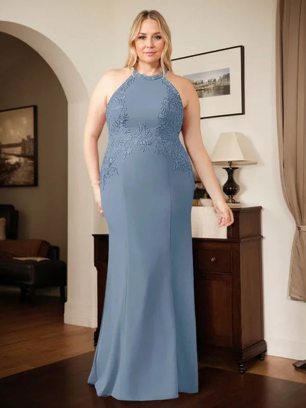 Vestido comprido azul poeirento justo com alças ao pescoço para mãe da noiva com apliques