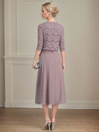 Robe de mère de la mariée en mousseline, longueur thé, en forme de A, décolleté arrondi avec plis