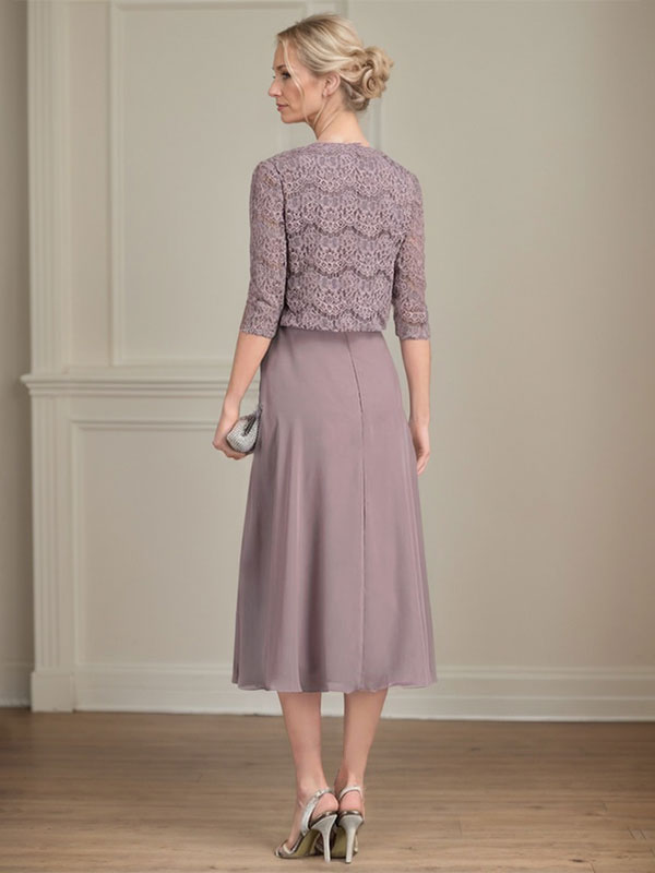 Robe de mère de la mariée en mousseline, longueur thé, en forme de A, décolleté arrondi avec plis