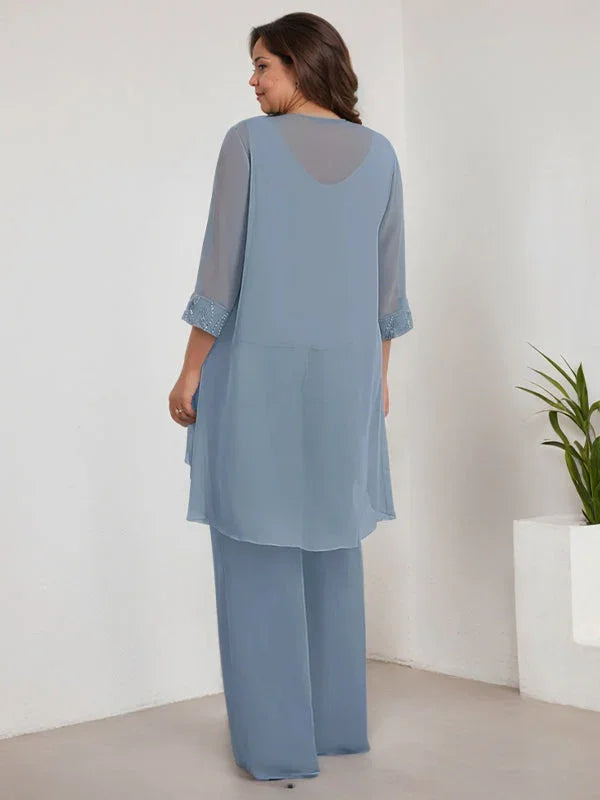 بدلة بنطلون الأم العروس بأكمام طويلة من الشيفون وياقة دائرية مع سترة