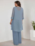 بدلة بنطلون الأم العروس بأكمام طويلة من الشيفون وياقة دائرية مع سترة