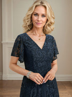 فستان أم العروس بطول شاي، برقبة على شكل حرف V، من الدانتيل والشيفون، بقصة على شكل حرف A