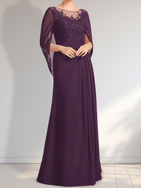 Robe de mère de la mariée en dentelle et mousseline, longueur au sol, coupe trapèze, décolleté illusion en forme de goutte, ornée de sequins plissés