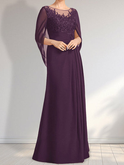 A-Linie, U-Ausschnitt, Illusion, bodenlanges Chiffon-Kleid für die Brautmutter mit plissierten Pailletten