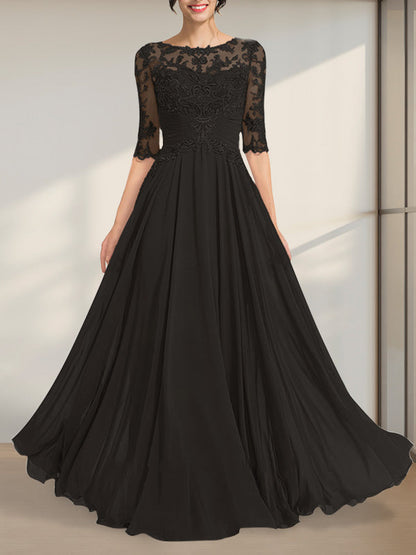 A-Linie, U-Ausschnitt, Illusion, bodenlanges Chiffon-Spitzenkleid für die Brautmutter mit plissierten Pailletten