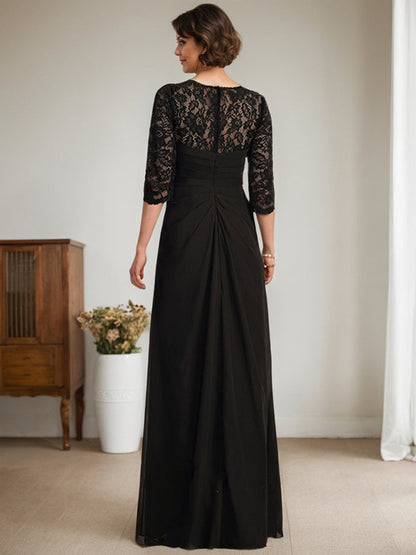 A-Linie U-Ausschnitt Illusion Bodenlang Spitzen Chiffon Mutter der Braut Kleid mit Perlenbesatz Rüschen 