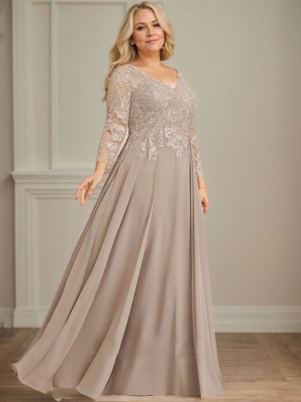 Robe de mère de la mariée en mousseline de soie à dentelle, longueur au sol, en ligne A, col en V, ornée de paillettes