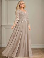 Robe de mère de la mariée en mousseline de soie à dentelle, longueur au sol, en ligne A, col en V, ornée de paillettes