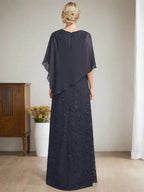 Vestido de Mãe da Noiva em Chiffon com Renda, Corte Coluna/Justo, Comprimento ao Chão, com Lantejoulas e Bordados