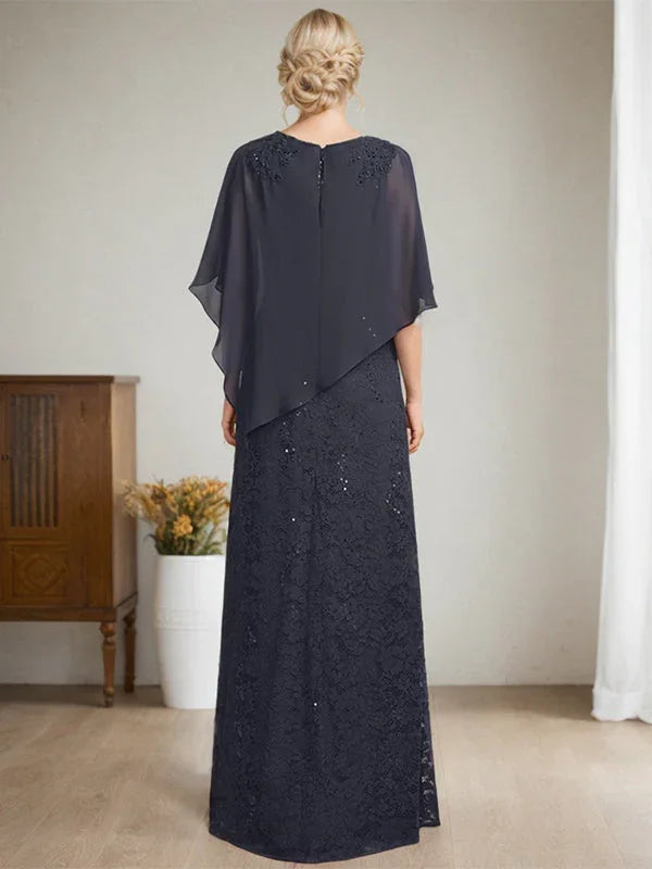 Vestido de Mãe da Noiva em Chiffon com Renda, Corte Coluna/Justo, Comprimento ao Chão, com Lantejoulas e Bordados