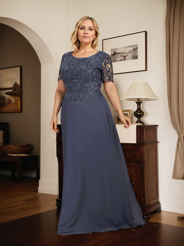 Robe de mère de la mariée en dentelle et mousseline, longueur au sol, en ligne A, décolleté en U, ornée de paillettes