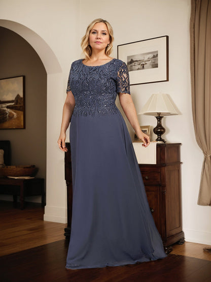 A-Linie U-Ausschnitt Bodenlang Spitzen-Chiffon-Kleid für die Brautmutter mit Pailletten