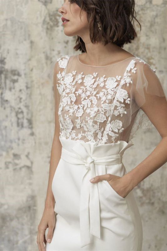 Bateau Neckline Short Applique Wedding Dress With Belt Pocket