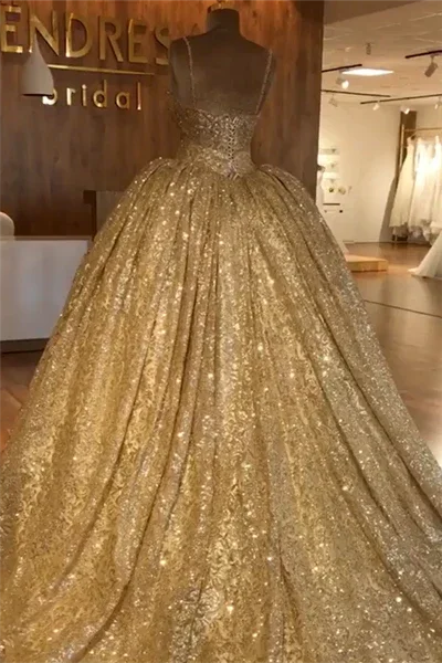 Abito da sera dorato con spalline sottili | Abito da ballo principesco di lusso per festa di gala S19116