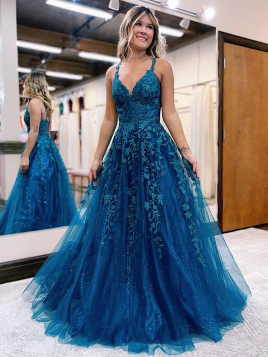 A-Linien-Ballkleid aus glitzernder Tüllspitze in Tintenblau