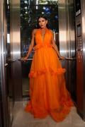 Hater Sleeveless High Waist Pleated V Neck Long Prom Dress