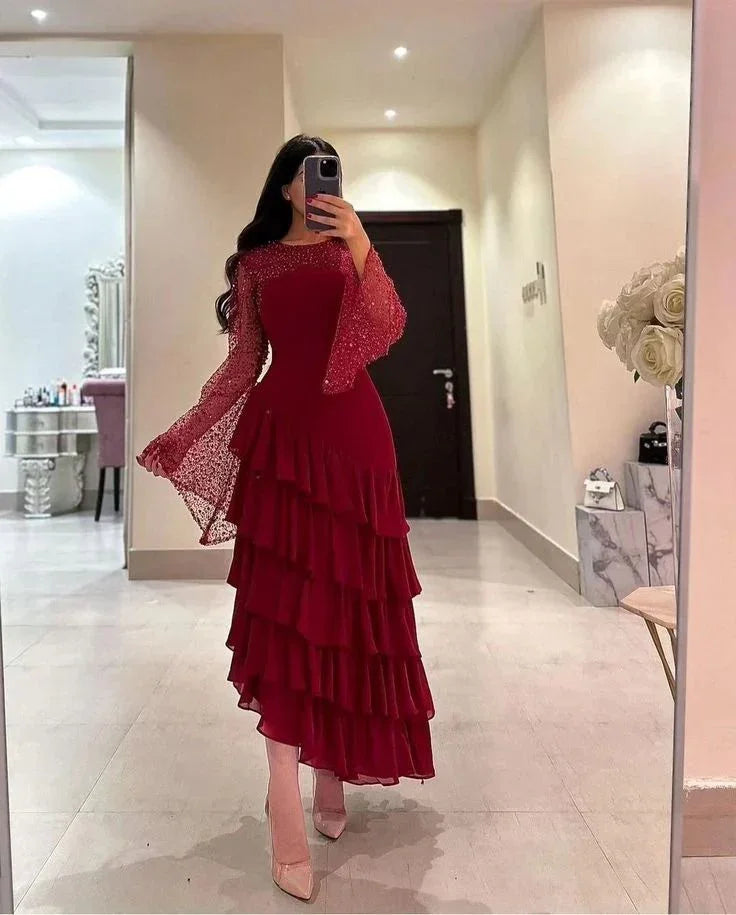 Vestido de fiesta para mujer con lentejuelas, vestido de noche burdeos de gasa con volantes Y7616