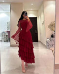 Vestido de fiesta para mujer con lentejuelas, vestido de noche burdeos de gasa con volantes Y7616