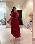 Vestido de fiesta para mujer con lentejuelas, vestido de noche burdeos de gasa con volantes Y7616